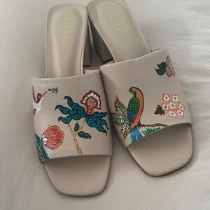 Zara Cream Slide Mules with Colorful Botanical & Bird Embroidery